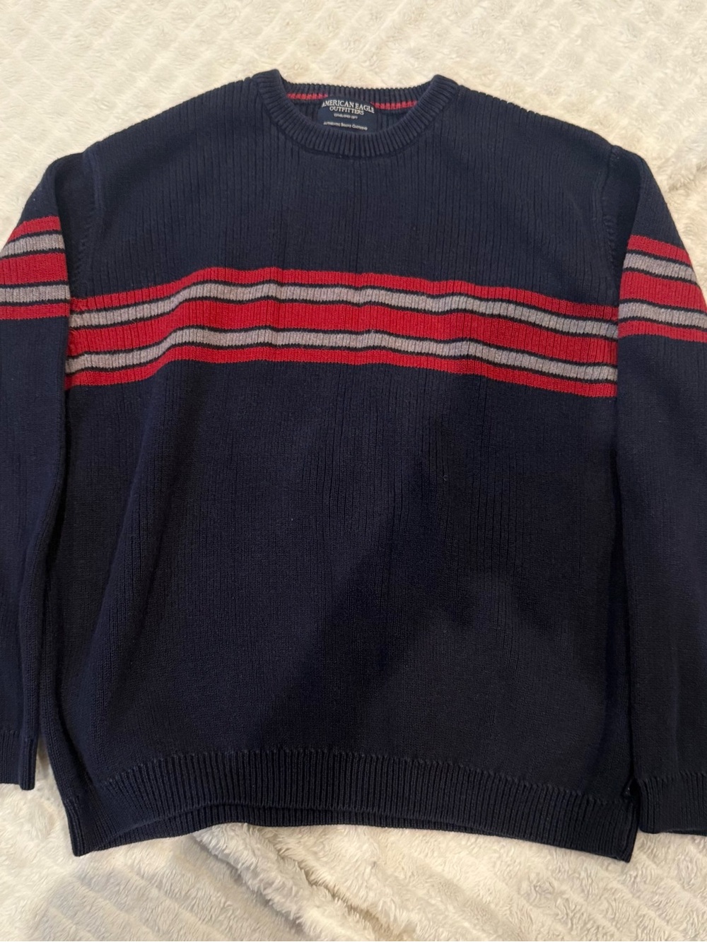 American Eagle Outfitters Navy Crewneck Sweater with Red and Gray Stripes